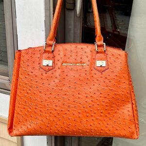 Large Antonio Melani orange leather ostrich embossed tote bag